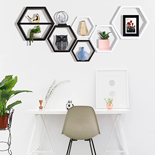 WEC Hexagon Shelves – Set of 3 Honeycomb Wall Shelves with Extra Removable Shelf – Floating Wood Shelves – Geometric Shelves for Bedroom, Kitchen, Office (White)