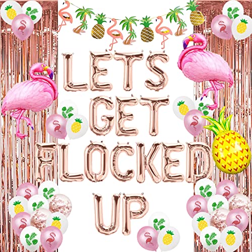 Let's Get Flocked Up Balloons Rose Gold Flamingo Bachelorette Party Banner Final Flamingle/Beach Bach/Hawaii Luau/Tropical Summer Beach Pineapple Bridal Shower Bachelorette Party Supplies Decorations