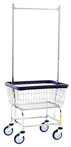 R&B Wire™ 100E58KD Commercial Wire Laundry Cart with Double Pole Rack, 2.5 Bushel, Chrome, Made in USA