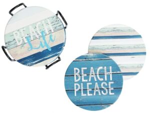 panchh beach coastal & ocean sea tropical theme coasters for drinks, kitchen decor and gifts for beach house and home beach bars - coasters for wooden table - set of 6 with holder, absorbent