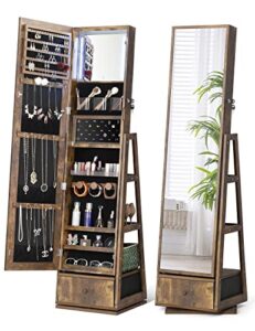 nicetree 360° swivel jewelry cabinet with lights, touch screen vanity mirror, rotatable full length mirror with jewelry storage, locking jewelry armoire organizer, foldable makeup shelf, rustic brown