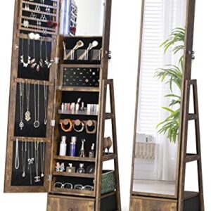 Nicetree 360° Swivel Jewelry Cabinet with Lights, Touch Screen Vanity Mirror, Rotatable Full Length Mirror with Jewelry Storage, Locking Jewelry Armoire Organizer, Foldable Makeup Shelf, Rustic Brown