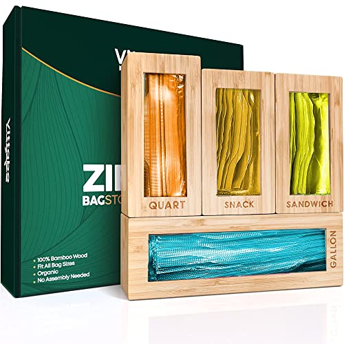 Vittabo Bamboo Ziplock Bag Organizer for Drawer - Food Bag Storage Organizer - Sandwich Bag Organizer- 4 Pc. Gallon, Quart, Snack, Sandwich - Slider Bag Organizer with Soft Non-Slip Pads