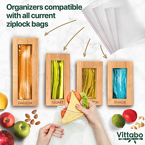 Vittabo Bamboo Ziplock Bag Organizer for Drawer - Food Bag Storage Organizer - Sandwich Bag Organizer- 4 Pc. Gallon, Quart, Snack, Sandwich - Slider Bag Organizer with Soft Non-Slip Pads