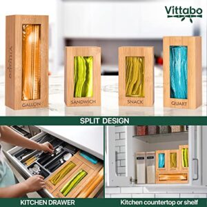 Vittabo Bamboo Ziplock Bag Organizer for Drawer - Food Bag Storage Organizer - Sandwich Bag Organizer- 4 Pc. Gallon, Quart, Snack, Sandwich - Slider Bag Organizer with Soft Non-Slip Pads