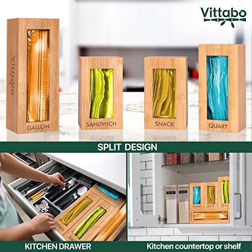 Vittabo Bamboo Ziplock Bag Organizer for Drawer - Food Bag Storage Organizer - Sandwich Bag Organizer- 4 Pc. Gallon, Quart, Snack, Sandwich - Slider Bag Organizer with Soft Non-Slip Pads