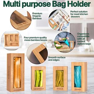 Vittabo Bamboo Ziplock Bag Organizer for Drawer - Food Bag Storage Organizer - Sandwich Bag Organizer- 4 Pc. Gallon, Quart, Snack, Sandwich - Slider Bag Organizer with Soft Non-Slip Pads