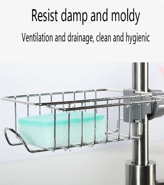 2 Piece Stainless Steel Faucet Rack, Hanging Adjustable Height for Kitchen Sink, Suitable for Kitchen Sink, Bathroom Sink Storage Rack, can be Placed Sponge, Brush, soap, Bath Ball, Shampoo etc