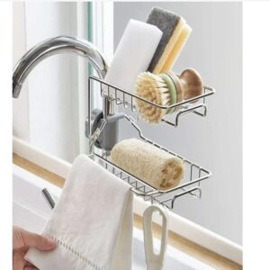 2 Piece Stainless Steel Faucet Rack, Hanging Adjustable Height for Kitchen Sink, Suitable for Kitchen Sink, Bathroom Sink Storage Rack, can be Placed Sponge, Brush, soap, Bath Ball, Shampoo etc