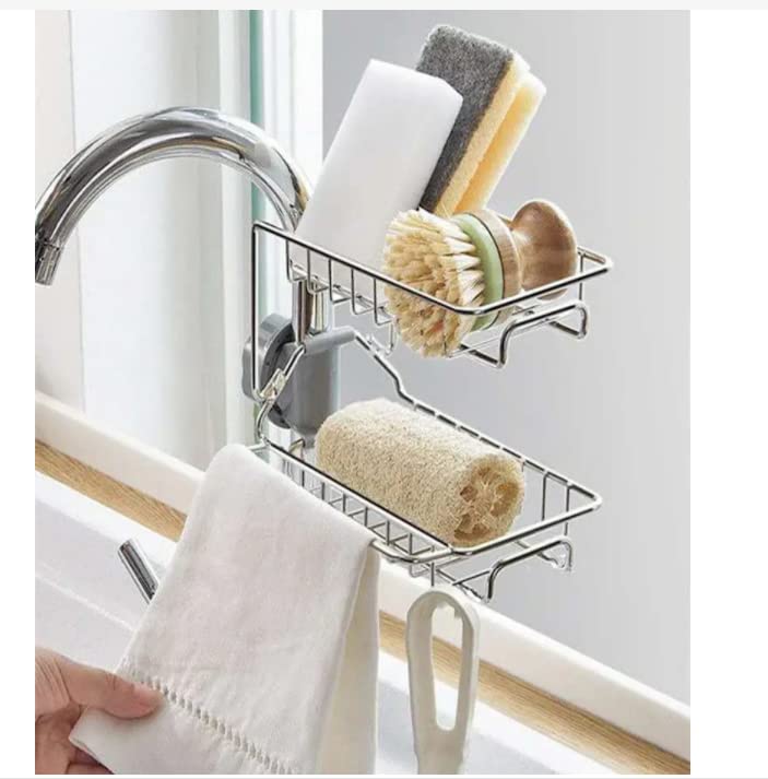 2 Piece Stainless Steel Faucet Rack, Hanging Adjustable Height for Kitchen Sink, Suitable for Kitchen Sink, Bathroom Sink Storage Rack, can be Placed Sponge, Brush, soap, Bath Ball, Shampoo etc