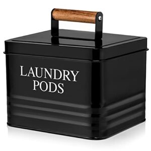 calindiana modern farmhouse metal laundry pods holder container with lid for laundry room decor and accessories and space saving organization and storage, holds 81 laundry pods, black