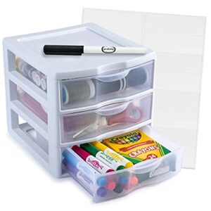 peaknip - sterlite plastic mini 3 drawer storage and organizer, stackable desktop drawer - bundled with labels and marker - white