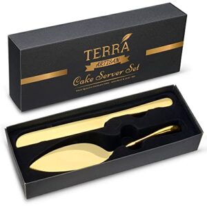 terra artisan gold cake cutting set (2 pieces), stainless steel, elegant cake cutting set for wedding, cake knife and server set, perfect for wedding, bridal shower, graduation, all in a giftable box