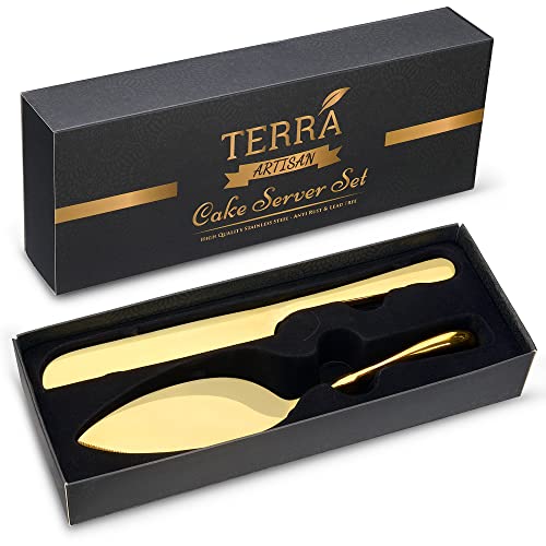 Terra Artisan Gold Cake Cutting Set (2 Pieces), Stainless Steel, Elegant Cake Cutting Set for Wedding, Cake Knife and Server set, Perfect For Wedding, Bridal Shower, Graduation, All in a Giftable Box