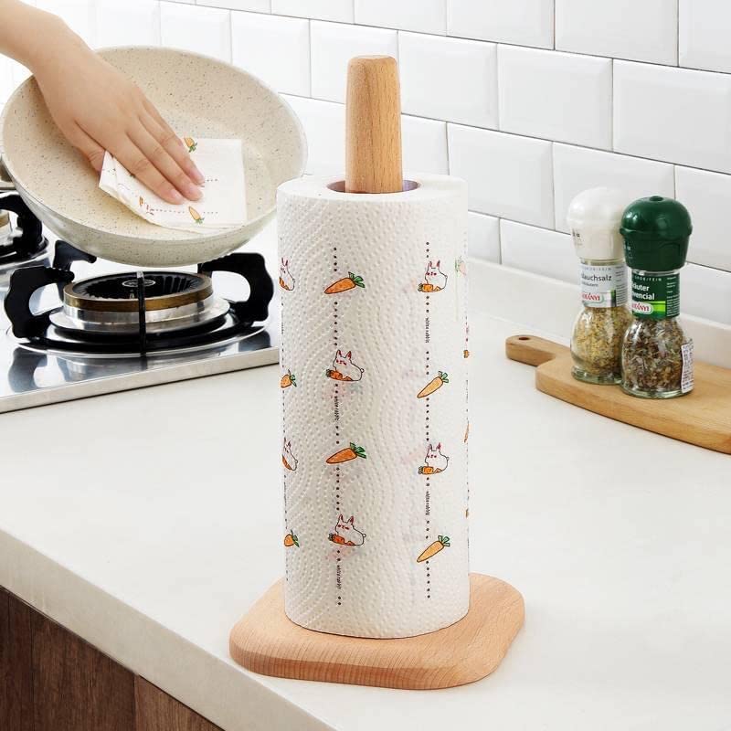 HUAJIE BienStylife Paper Towel Holder, Wooden Base Kitchen Paper Hanger Rack Bathroom Towel Roll Stand Organizer Countertop Wooden Paper Towel Holder (Natural Wood), WDH-001