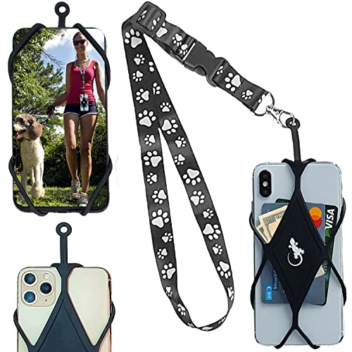 Gecko Travel Tech Cell Phone Holder for Walking with Universal Lanyard Phone Case for Most Smartphones (Dog PAW Neck - Black Diamond)