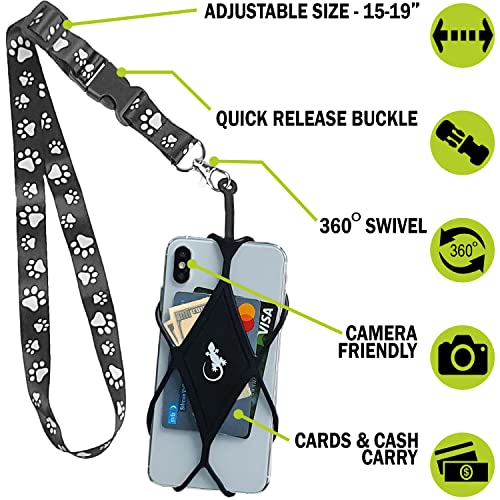 Gecko Travel Tech Cell Phone Holder for Walking with Universal Lanyard Phone Case for Most Smartphones (Dog PAW Neck - Black Diamond)