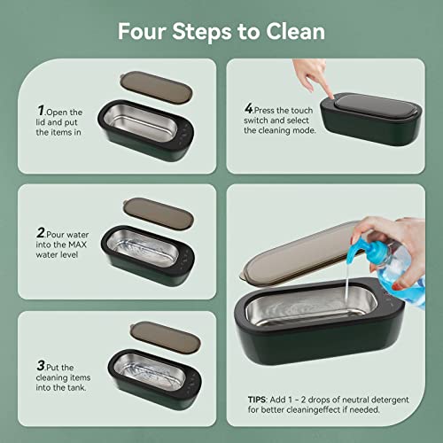 Aparatoo Jewelry Cleaner, 45kHz Ultrasonic Cleaning Machine with 4 Time Modes, Portable Professional Household Cleaner for All Eyeglasses Watches Shaver, BLACK GREEN