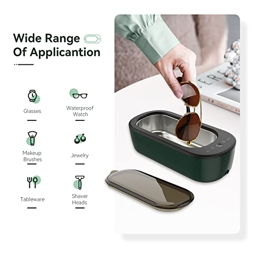 Aparatoo Jewelry Cleaner, 45kHz Ultrasonic Cleaning Machine with 4 Time Modes, Portable Professional Household Cleaner for All Eyeglasses Watches Shaver, BLACK GREEN