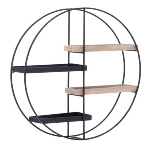 linon kenson round metal and wood four shelf wall storage in black