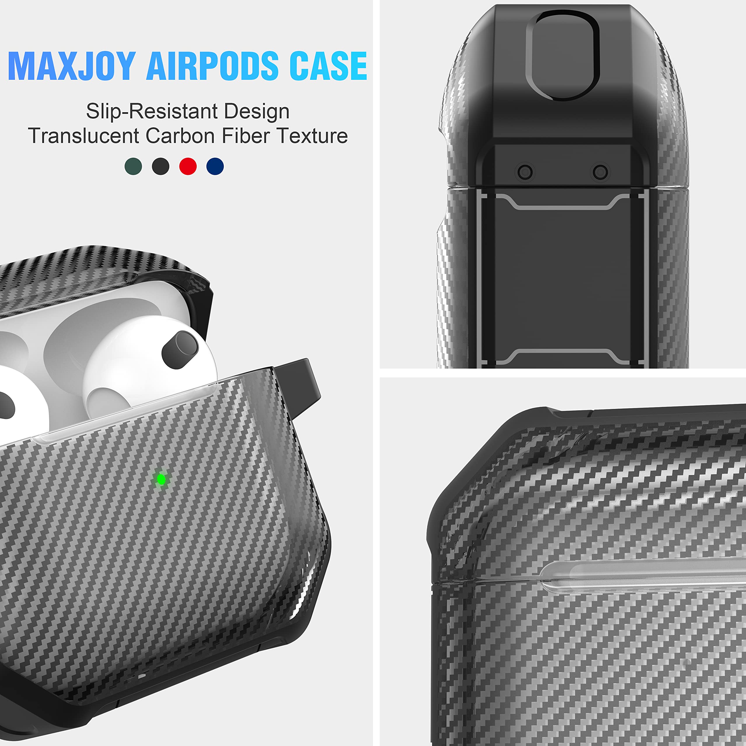 Maxjoy for Airpods 3 Case Cover, Airpods 3 Protective Case Gen 3 Translucent Carbon Fiber Hard Shell Rugged Shockproof Cover with Keychain Compatible with Apple Airpods 3rd Generation 2021, Black