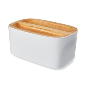 sonder los angeles, modern bamboo fiber (white) bread box for kitchen countertop with reversible wood serving lid, homemade bread storage 14.25 x 9.25 x 7in, storage bin and bread container