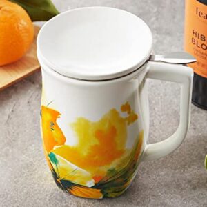 Tea Forte Fiore Ceramic Tea Mug with Infuser and Lid, Wild Poppy, 14 oz. Ceramic Cup with Handle for Steeping Loose Leaf Tea, Dishwasher & Microwave Safe