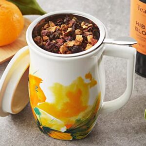 Tea Forte Fiore Ceramic Tea Mug with Infuser and Lid, Wild Poppy, 14 oz. Ceramic Cup with Handle for Steeping Loose Leaf Tea, Dishwasher & Microwave Safe