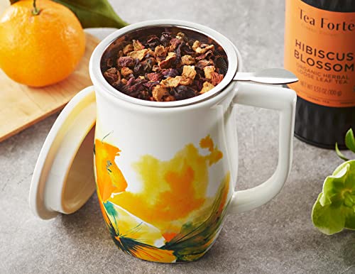 Tea Forte Fiore Ceramic Tea Mug with Infuser and Lid, Wild Poppy, 14 oz. Ceramic Cup with Handle for Steeping Loose Leaf Tea, Dishwasher & Microwave Safe