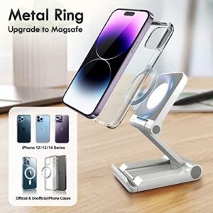 Portable Foldable Cell Phone Stand for Desk, Magnetic Adjustable Tablet Holder Mount for Office Desktop Compatible with iPhone 14/13/12 Magsafe, iPad, Universal Cellphone Dock with Metal Ring Sticker