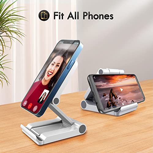 Portable Foldable Cell Phone Stand for Desk, Magnetic Adjustable Tablet Holder Mount for Office Desktop Compatible with iPhone 14/13/12 Magsafe, iPad, Universal Cellphone Dock with Metal Ring Sticker