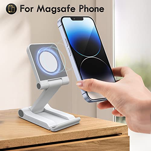 Portable Foldable Cell Phone Stand for Desk, Magnetic Adjustable Tablet Holder Mount for Office Desktop Compatible with iPhone 14/13/12 Magsafe, iPad, Universal Cellphone Dock with Metal Ring Sticker