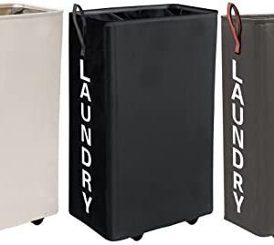 [3 pack] Laundry Basket,Homlikelan 27.5" Collapsible Large Laundry Hamper,Standable Narrow Rolling Laundry Hamper on Wheels Clothes Hamper Laundry Bin Beige