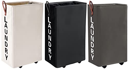 [3 pack] Laundry Basket,Homlikelan 27.5" Collapsible Large Laundry Hamper,Standable Narrow Rolling Laundry Hamper on Wheels Clothes Hamper Laundry Bin Beige