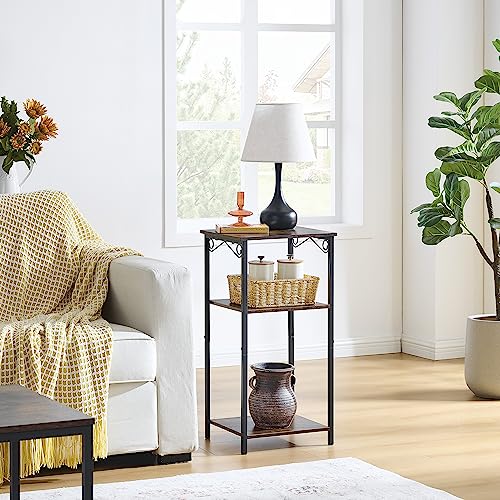 Hoctieon 3 Tier Tall End Table, Slim Night table, Narrow Side Table with Storage, Nightstand for Small Spaces, Metal Frame, For Living Room, Bedroom, Sofa Couch, Hall, Easy Assembly, Rustic Brown