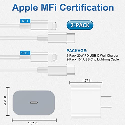 iPhone Charger fast charging [APPLE MFi Certified] 2 pack Apple Type C Wall Charger Block with 2 pack [6FT&10FT] Long USB C to lightning cable for iPhone 14/13/12/12 Pro Max/11/Xs Max/XR/X,AirPods Pro