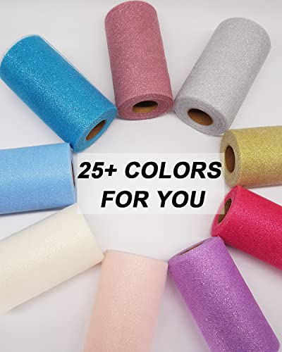 Glitter Gold Tulle Fabric Rolls, 6 Inch 50 Yards (150ft) Sparkling Spool Ribbon Sequin Netting for Tutu Skirt Gift Wrapping Wedding Party Decoration (White/Gold)