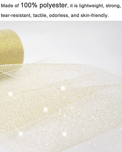 Glitter Gold Tulle Fabric Rolls, 6 Inch 50 Yards (150ft) Sparkling Spool Ribbon Sequin Netting for Tutu Skirt Gift Wrapping Wedding Party Decoration (White/Gold)