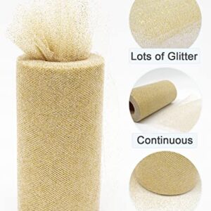 Glitter Gold Tulle Fabric Rolls, 6 Inch 50 Yards (150ft) Sparkling Spool Ribbon Sequin Netting for Tutu Skirt Gift Wrapping Wedding Party Decoration (White/Gold)