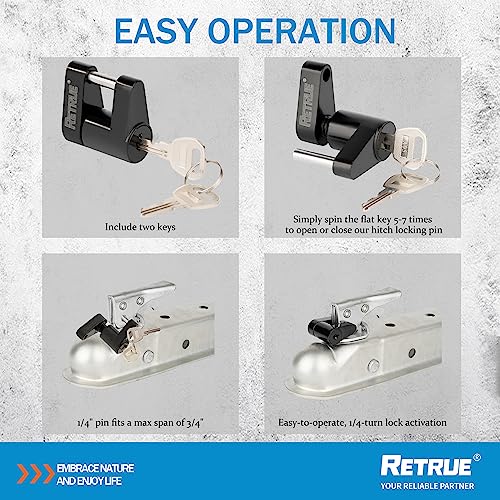 RETRUE Trailer Tongue Coupler Lock, Trailer Hitch Lock,Dia 1/4 Inch, 3/4 Inch Span for Tow Boat RV Truck Car's Coupler (1 Pack, Black)