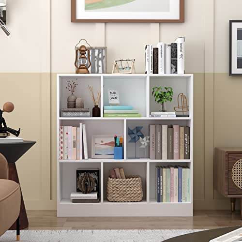 AIEGLE 8 Cube Bookcase Bookshelf, 3-Tiers Wood Cube Shelf Bookcase, Kids Bookshelf for Bedroom Living Room, White (39.4" L x 9.4" W x 40.9" H)