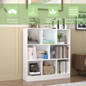 AIEGLE 8 Cube Bookcase Bookshelf, 3-Tiers Wood Cube Shelf Bookcase, Kids Bookshelf for Bedroom Living Room, White (39.4" L x 9.4" W x 40.9" H)