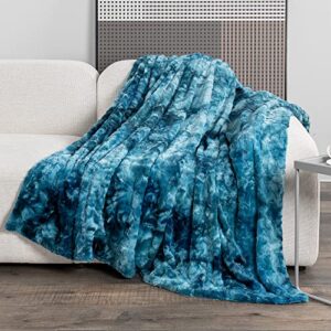 recyco soft oversized faux fur throw blanket, luxury minky blankets and throws for women, cozy fluffy plush warm throw blanket twin size for couch bed sofa, marbled teal blue, 60” x 80”