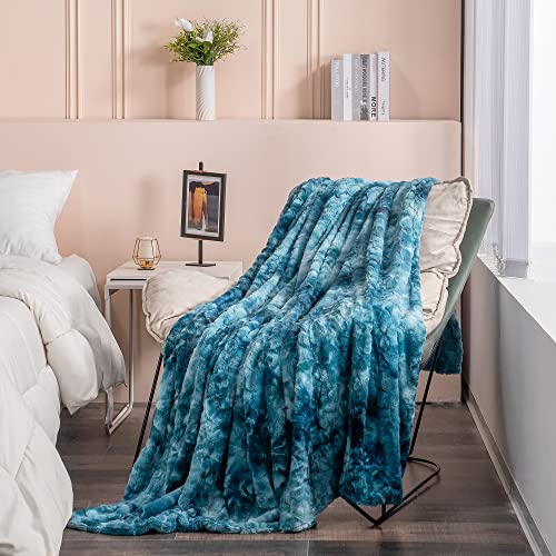 RECYCO Soft Oversized Faux Fur Throw Blanket, Luxury Minky Blankets and Throws for Women, Cozy Fluffy Plush Warm Throw Blanket Twin Size for Couch Bed Sofa, Marbled Teal Blue, 60” x 80”