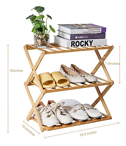 Qmkmyy Foldable Bamboo Shoe Racks 3 Tiers for Entryway Multi Tier Shoe Organizer Rack Multifunctional Storage Free Standing Shelf