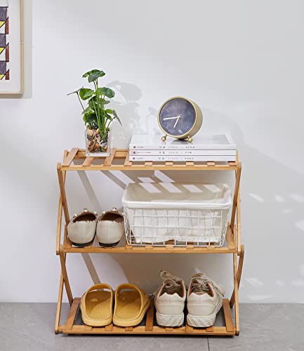 Qmkmyy Foldable Bamboo Shoe Racks 3 Tiers for Entryway Multi Tier Shoe Organizer Rack Multifunctional Storage Free Standing Shelf