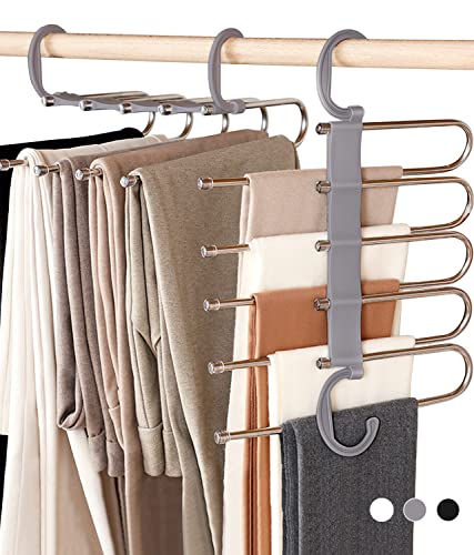 AIR&TREE 2 Pack Pants Hangers Space Saving,Anti-Rust Pants Organizer,Durable and Sturdy Installed Hangers for Pants Scarf Jeans Slack Trousers Ties Towels in Closet,5 in 1(Gray)