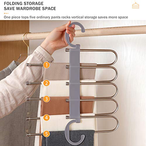 AIR&TREE 2 Pack Pants Hangers Space Saving,Anti-Rust Pants Organizer,Durable and Sturdy Installed Hangers for Pants Scarf Jeans Slack Trousers Ties Towels in Closet,5 in 1(Gray)