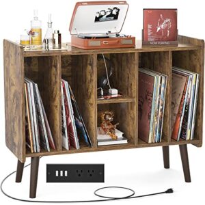 unikito large record player stand, vinyl record storage table with power outlet holds up to 200 albums, turntable stand with wood legs, vinyl holder display shelf for bedroom living room, rustic brown
