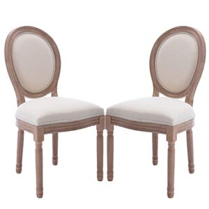 kcc french dining chairs set of 2, upholstered vintage farmhouse chair with round backrest, mid century fabric chair with solid rubberwood leg for dining room bedroom kitchen restaurant, beige
